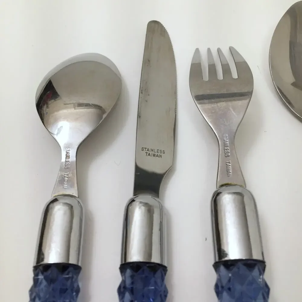Lot of 10 Lucite Acrylic Plastic Handle Flatware Blue Faceted Diamond